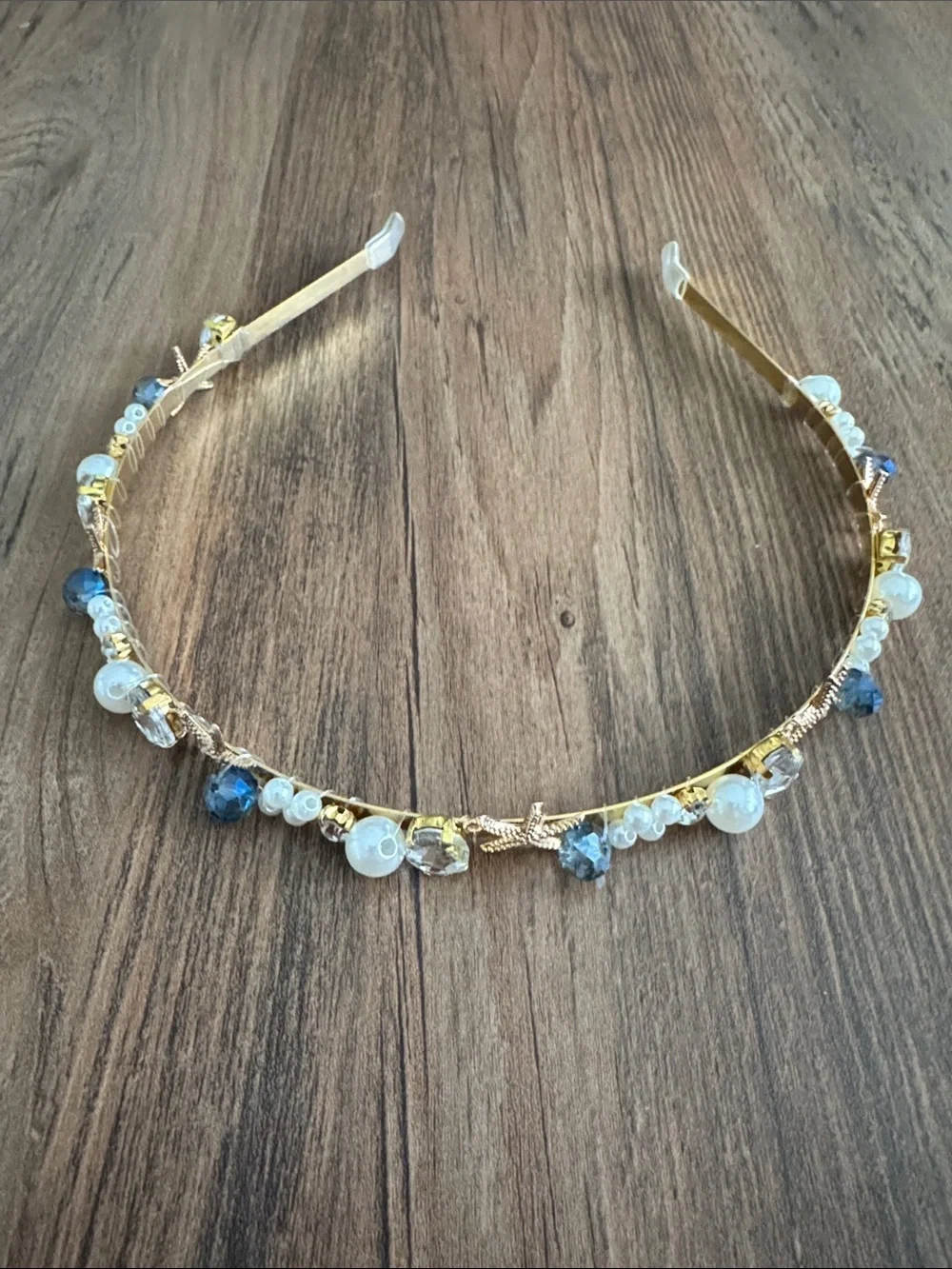 Gold Shell & Pearl Headband with Blue Crystal Accents